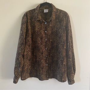 Vintage Liz Baker Womens Blouse Sz 18 Black Tan Animal Print Long Sleeve 80s 90s